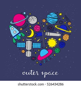 Hand drawn space icons including planets, stars, rocket, ufo, satellite, asteroid, moon, flag, telescope, sun, galaxy composed in heart shape.
