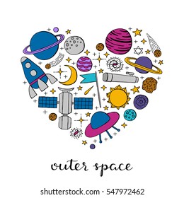 Hand drawn space icons including planets, stars, rocket, ufo, satellite, asteroid, moon, flag, telescope, sun, galaxy composed in heart shape.