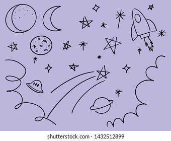 Hand drawn space night sky collection of objects