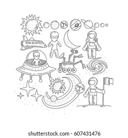 Hand drawn space object with sun, planets, asteroids, alien,UFO and other outer space objects. 