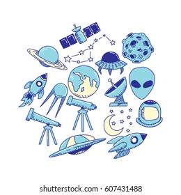Hand drawn space object with sun, planets, asteroids, alien,UFO and other outer space objects. 