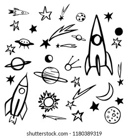 Hand drawn space objects. Planets, comets, rockets.Vector sketch  illustration.