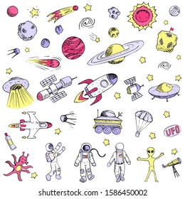 Hand drawn space objects set astronaut, spaceship, alien, satellites, universe, rockets, planets, spaceman, stars, comets, flying saucers, ufo. Cartoon vector illustration