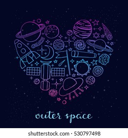 Hand drawn space outline icons including planets, stars, rocket, ufo, satellite, asteroid, moon, flag, telescope, sun, galaxy composed in heart shape.