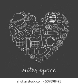 Hand drawn space outline icons including planets, stars, rocket, ufo, satellite, asteroid, moon, flag, telescope, sun, galaxy composed in heart shape.