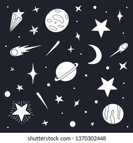 Hand drawn Space Pattern. Hand sketched space doodle background. 
