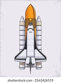 Hand drawn space rocket with spaceplane aircraft in international rocket station ready to launch 