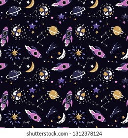 Hand drawn space seamless pattern with planets, stars, constellation, rockets, moon. Vector illustration