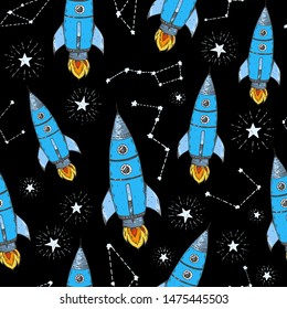 Hand drawn space seamless pattern. Vector illustration. Rocket pattern hand drawn. Space background.