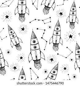 Hand drawn space seamless pattern. Vector illustration. Rocket pattern hand drawn. Space background.