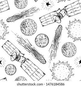 Hand drawn space seamless pattern. Vector illustration. Planets, satellite, moon, comet, sun, mars pattern hand drawn. Space background.