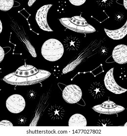 Hand drawn space seamless pattern. Vector illustration. Planets, comets, ufo, galaxy hand drawn. Space background. 