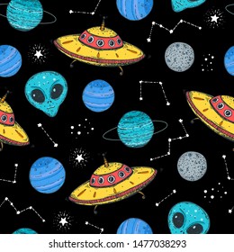 Hand drawn space seamless pattern. Vector illustration. Planets, ufo, alien, galaxy hand drawn. Space background. 