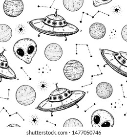 Hand drawn space seamless pattern. Vector illustration. Planets, ufo, alien, galaxy hand drawn. Space background. 