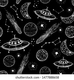 Hand drawn space seamless pattern. Vector illustration. Planets, comets, ufo, galaxy hand drawn. Space background. 