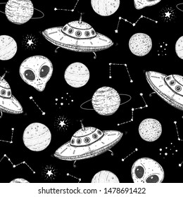 Hand drawn space seamless pattern. Vector illustration. Planets, ufo, alien, galaxy hand drawn. Space background. 