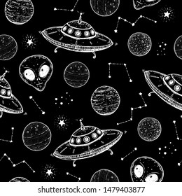Hand drawn space seamless pattern. Vector illustration. Planets, ufo, alien, galaxy hand drawn. Space background.