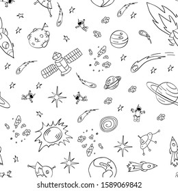 Hand drawn space seamless pattern. Black outline objects on white background. Vector illustration.