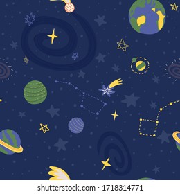 Hand drawn space seamless pattern with various planets - Earth, Uranus, Saturn, stars constellations the Big Dipper,the Little Dipper, a lot of stars shapes, comets and Milky Way galaxy view.