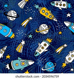 Hand drawn space seamless pattern.  Vector doodle illustration. Background for Kids with cartoon rockets, planets, stars