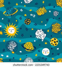 Hand drawn space seamless pattern with sun, planets and stars. Perfect print for T-shirt, stationery, textile and fabric. Doodle vector background for decor and design.