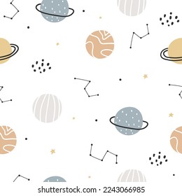 Hand drawn space seamless pattern. Funny colorful planets on a white background. Nursery design of fabric, packaging, labels. Cartoon space. Doodle style.