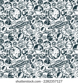 Hand drawn space seamless pattern with planets and stars. Black and white cosmic vector illustration for background, textile, texture and wrapping paper.