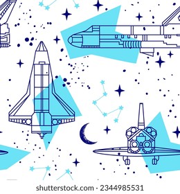 Hand drawn space seamless pattern.  Vector doodle illustration. Background for boys with cartoon rockets, planets, stars, spaceship
