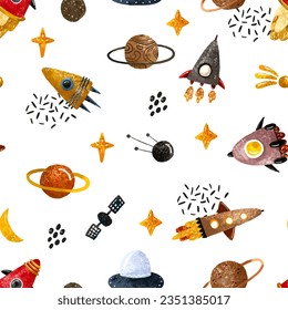 Hand drawn space seamless pattern. Space background. Space doodle chuldish illustration. Endless pattern with cartoon space rockets, planets, stars, moon, clouds, solar system, ufo