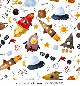 Hand drawn space seamless pattern. Space background. Space doodle chuldish illustration. Endless pattern with cartoon space rockets, planets, stars, moon, clouds, solar system, ufo