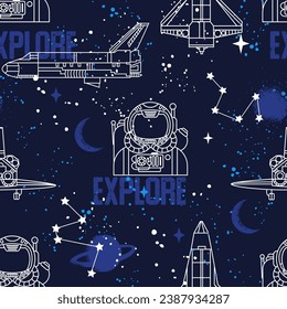 Hand drawn space seamless pattern.  Vector doodle illustration. Background for boys with cartoon rockets, planets, stars, spaceship and astronaut