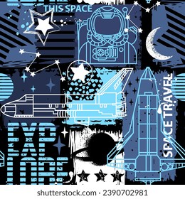 Hand drawn space seamless pattern.  Vector doodle illustration. Background for boys with cartoon rockets, planets, stars, spaceship and astronaut