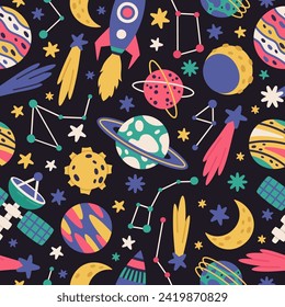 Hand drawn space seamless pattern. Spaceship, space bodies, cosmic planets and stars flat vector background illustration. Space cosmic endless design