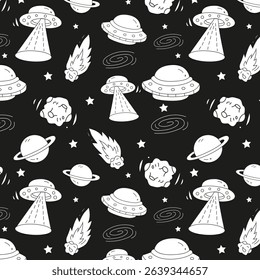 Hand drawn space seamless pattern with flying saucer, rocket, satellite, asteroid, stars. Texture with cosmic elements for print, kids fabric and wrapping paper. Black and white vector illustration
