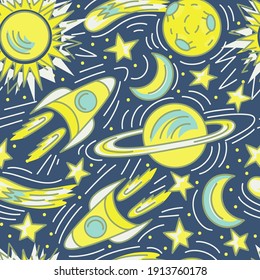 Hand drawn space seamless vector pattern. Planets and spaceships kids background