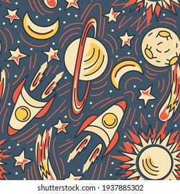 Hand drawn space seamless vector pattern. Planets and spaceships kids background