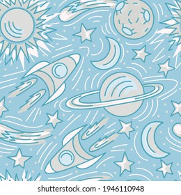 Hand drawn space seamless vector pattern. Planets and spaceships kids background