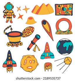 Hand Drawn Space Set. Colorful Galaxy Collection Isolated on White Background. Design Element for Cosmonauts Day, Space Day, Cosmonautics Day and Day of Astronautics.