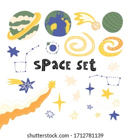 Hand drawn space set with various planets - Earth, Uranus, Saturn, stars constellations the Big Dipper,the Little Dipper, a lot of stars shapes, comets and Milky Way galaxy view.