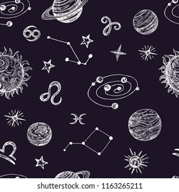 Hand drawn space with stars, planets and moon. Doodle night sky vector seamless pattern. Illustration of night space with planet