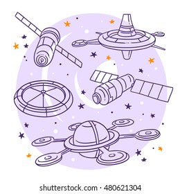 Hand drawn space station vector set. Galaxy travel and future science research. Space transport illustration