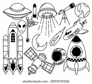 Doodle con temática espacial dibujado a mano aislado en fondo blanco. Conjunto de ilustraciones de cosmos Doodle, elementos de diseño para cualquier propósito. Barco espacial abstracto de mano, planetas, alienígenas, cohetes y ufo.