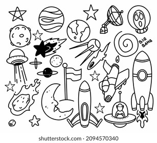 Hand drawn space themed doodle isolated on white background. Doodle cosmos illustration set, design elements for any purposes. Hand drawn abstract space ship, planets, stars, rocket and ufo.