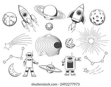 Hand drawn space travel icons. Doodle stars space ships robots astronaut alien saucer asteroid lunar exploding black hole planet set isolated vector illustration