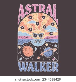 HAND DRAWN SPACE UNIVERSE ASTRAL PSYCHEDELIC STARS LANDSCAPE SUN MOON PLANET CUTE DISTRESSED PAINTED BRUSH STROKE GRUNGE TSHIRT TEE PRINT FOR APPAREL MERCHANDISE