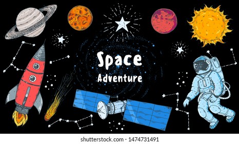 Hand drawn space vector illustration. Planets, rocket, satellite, cosmonaut illustration. Space elements. 