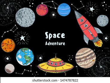 Hand drawn space vector illustration. Planets, rocket, ufo, galaxy illustration. Space elements.