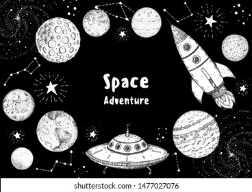 Hand drawn space vector illustration. Planets, rocket, ufo, galaxy illustration. Space elements. Hand drawn sketch