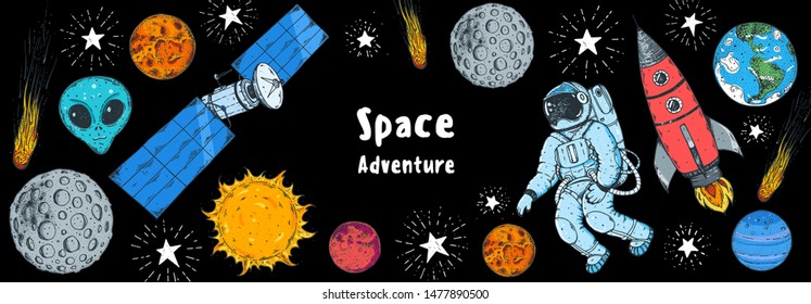 Hand drawn space vector illustration. Planets, rocket, satellite, astronaut illustration. Space elements.