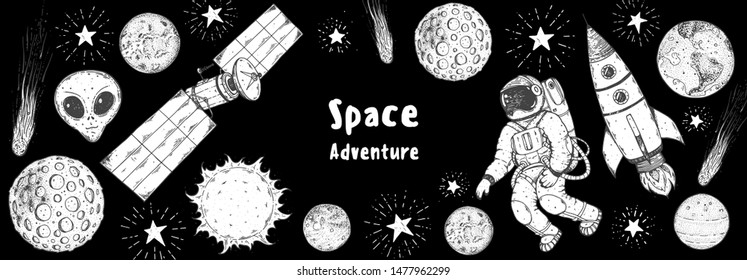 Hand drawn space vector illustration. Planets, rocket, satellite, cosmonaut illustration. Space elements. Hand drawn sketch. 
